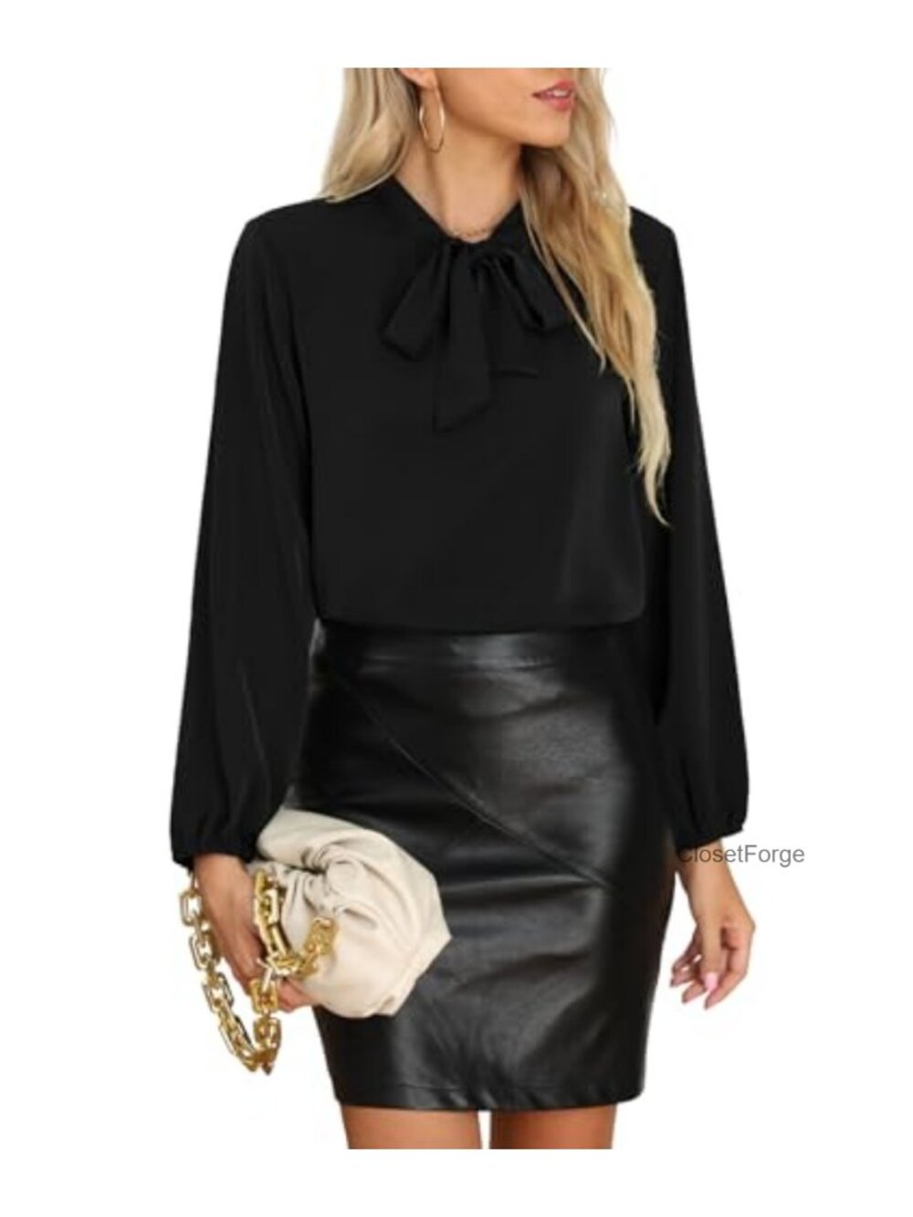 Chiffon Tie Neck Blouse Long Sleeve Business Casual Button Down Shirt